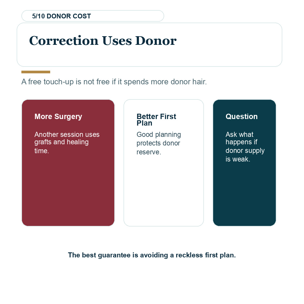 Hair transplant guarantee slide 5 explaining correction uses donor.