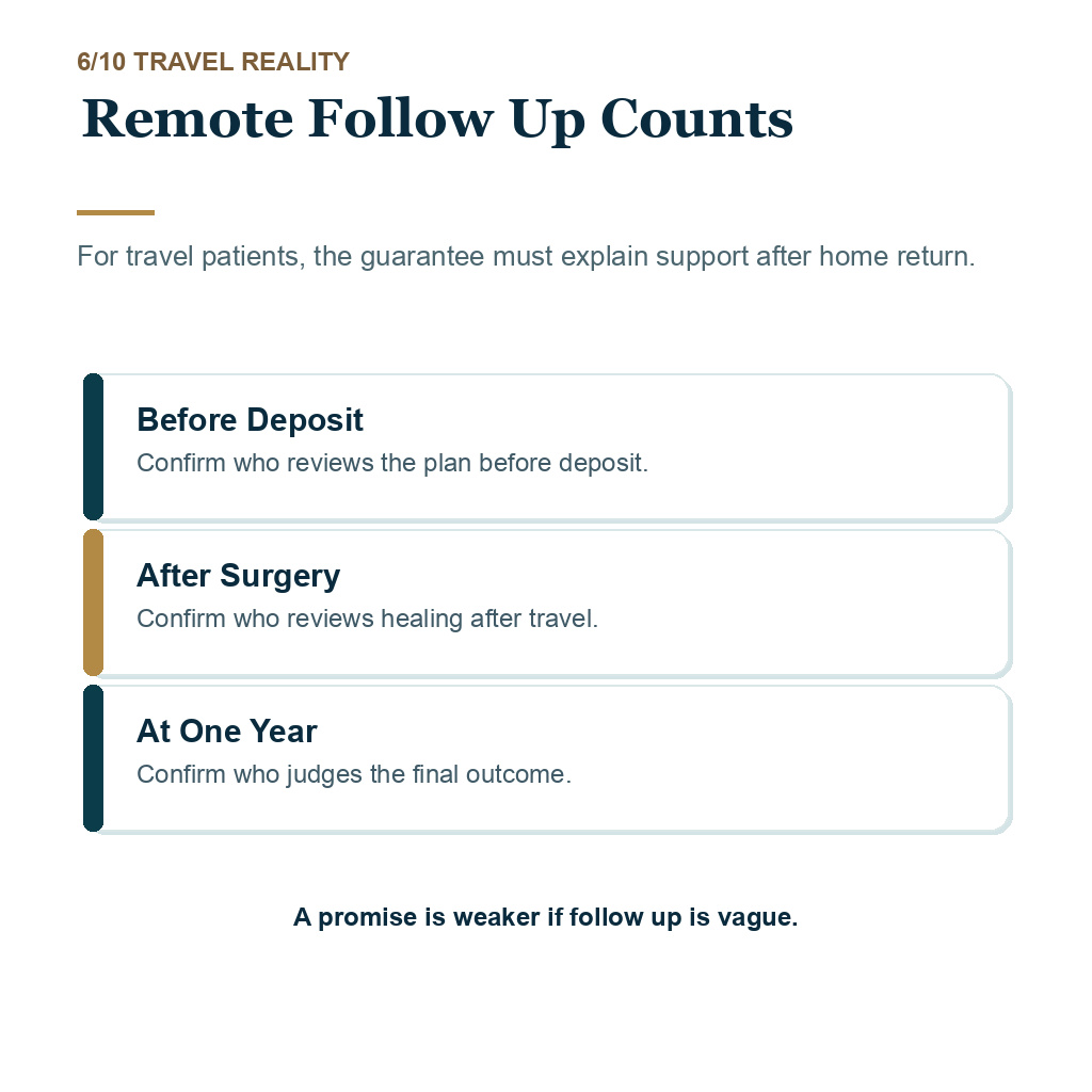 Hair transplant guarantee slide 6 explaining remote follow up counts.