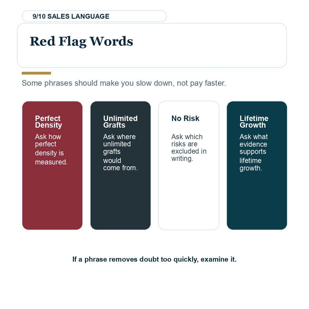 Hair transplant guarantee slide 9 explaining red flag words.