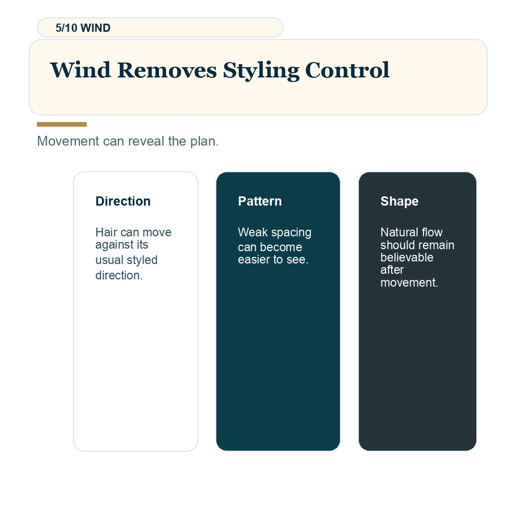 Harsh light wet hair result slide 5 explaining wind removes styling control.