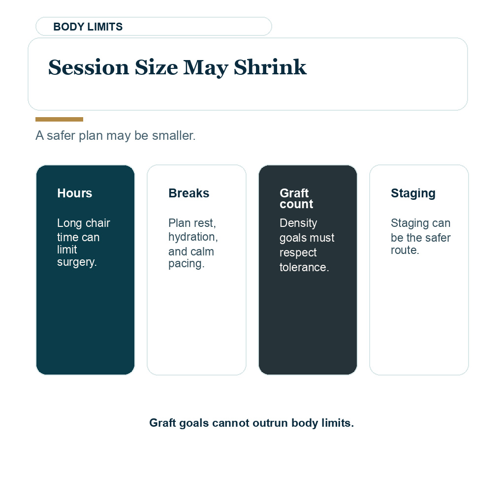 Shorter or staged hair transplant session planning for cardiac safety