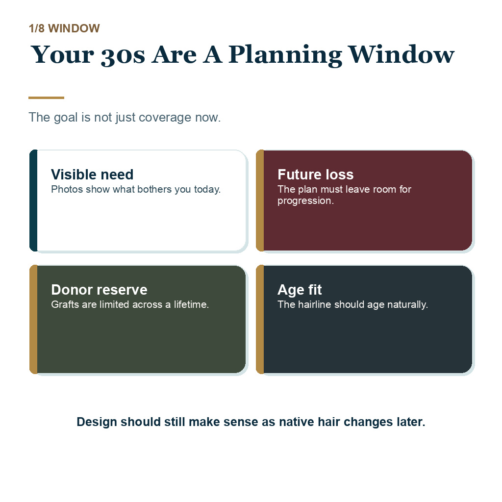 Hair transplant planning in the 30s balances current visible need with future hair loss risk
