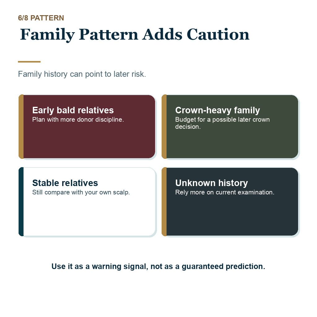 Family hair loss pattern adds caution when planning transplant timing and donor reserve