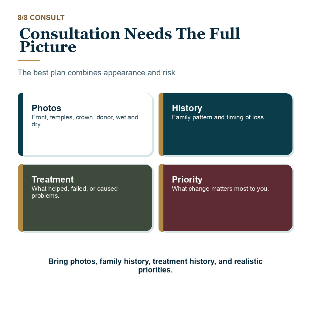 A complete consultation uses photos history treatment response and priorities together