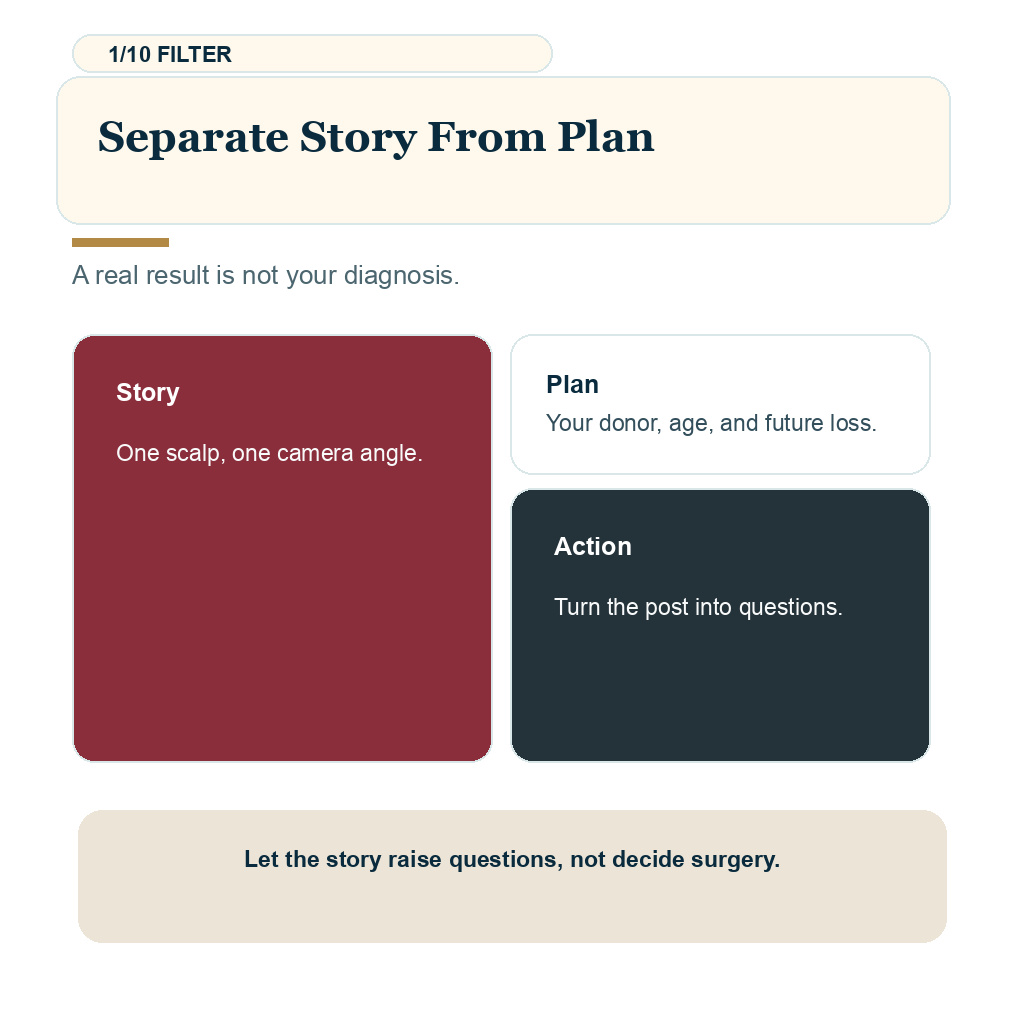 Hair transplant influencers slide 1 explaining separate story from plan.