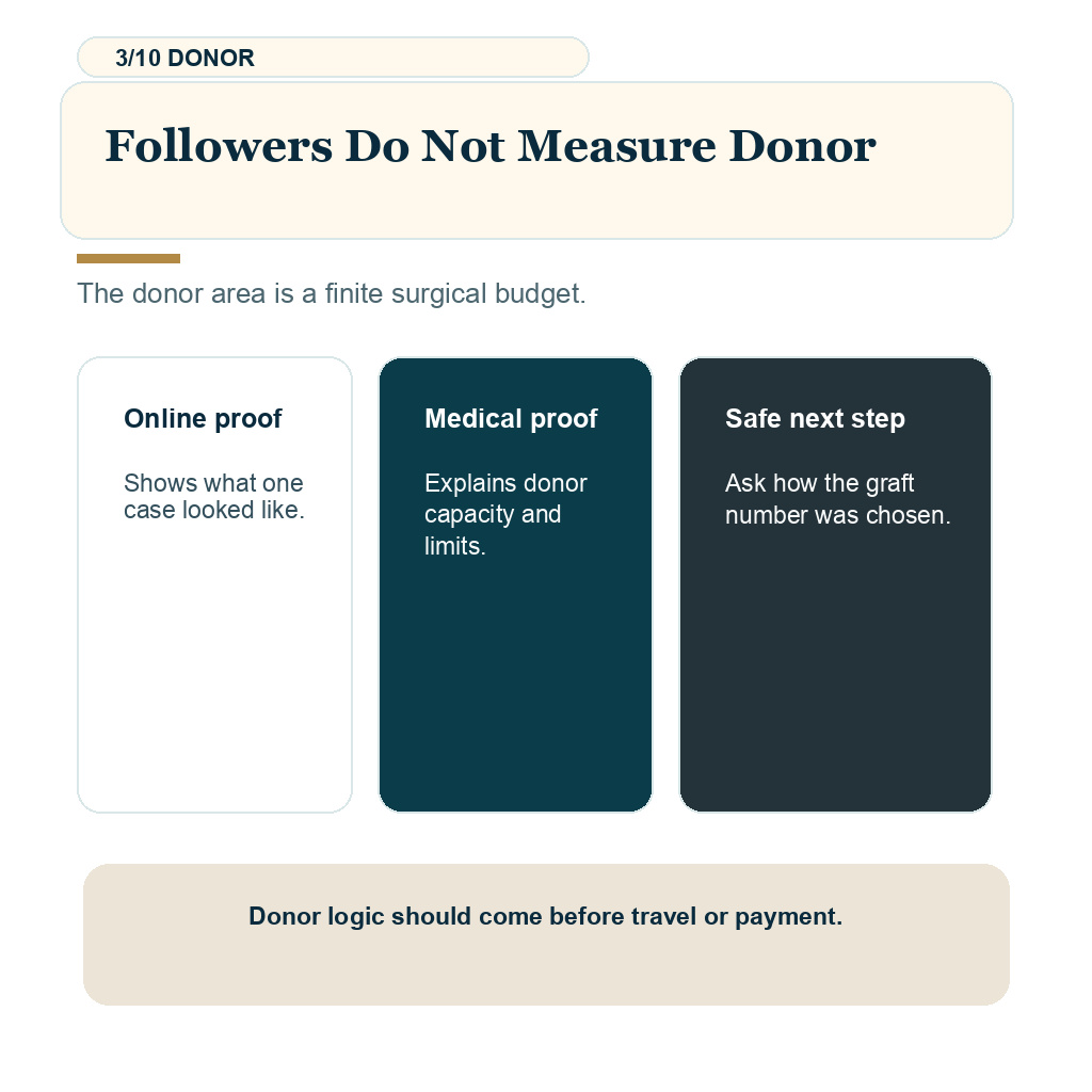 Hair transplant influencers slide 3 explaining followers do not measure donor.