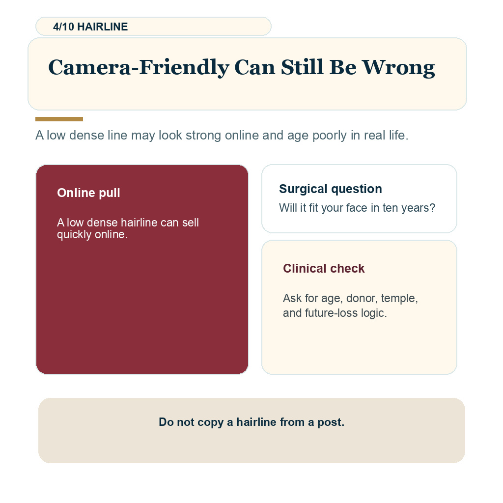Hair transplant influencers slide 4 explaining camera friendly can still be wrong.