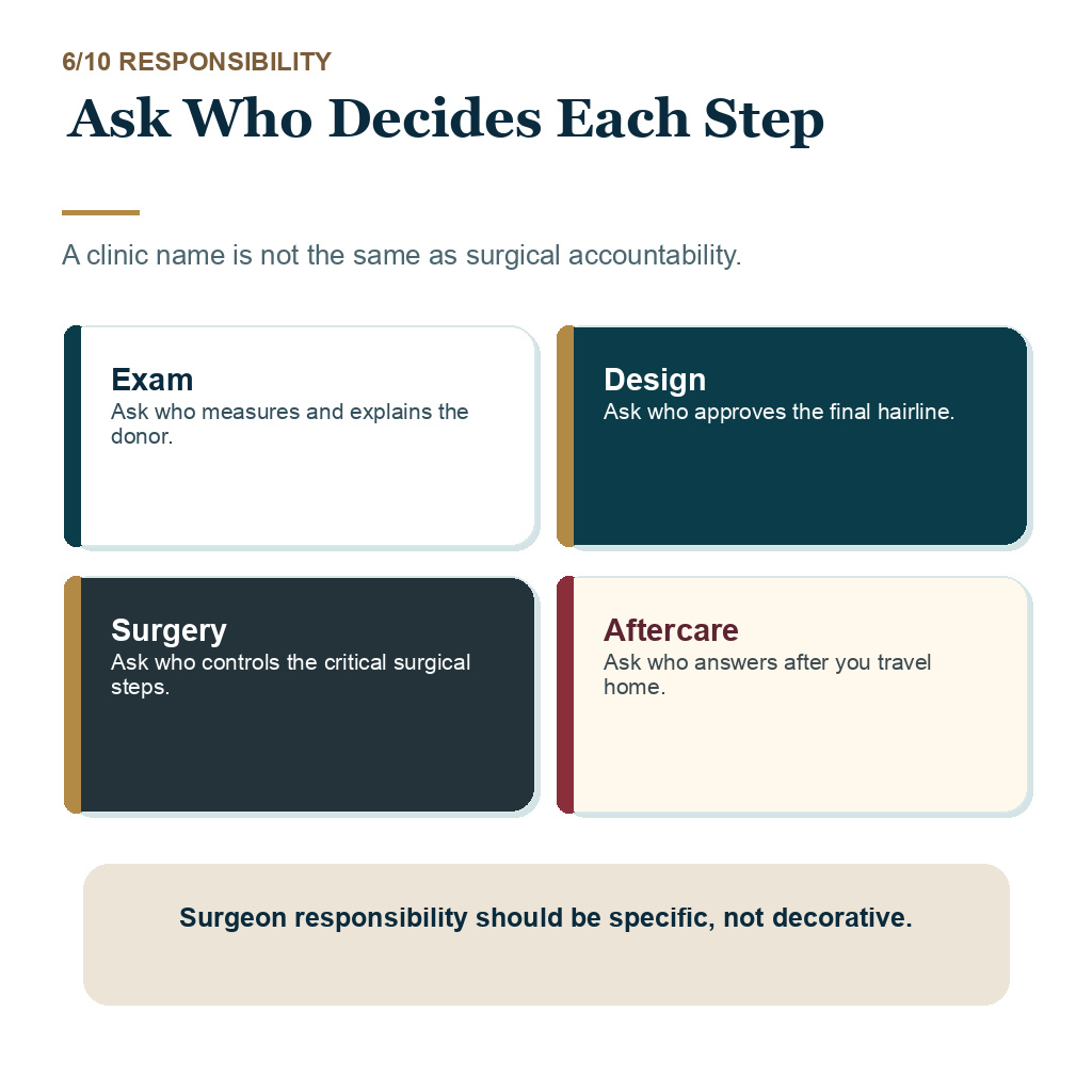 Hair transplant influencers slide 6 explaining ask who decides each step.