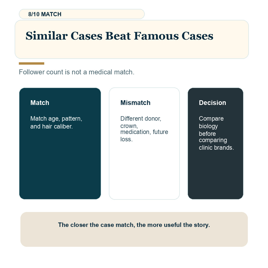 Hair transplant influencers slide 8 explaining similar cases beat famous cases.