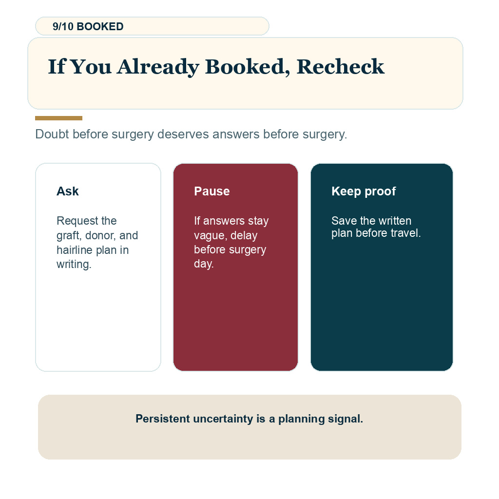 Hair transplant influencers slide 9 explaining if you already booked, recheck.
