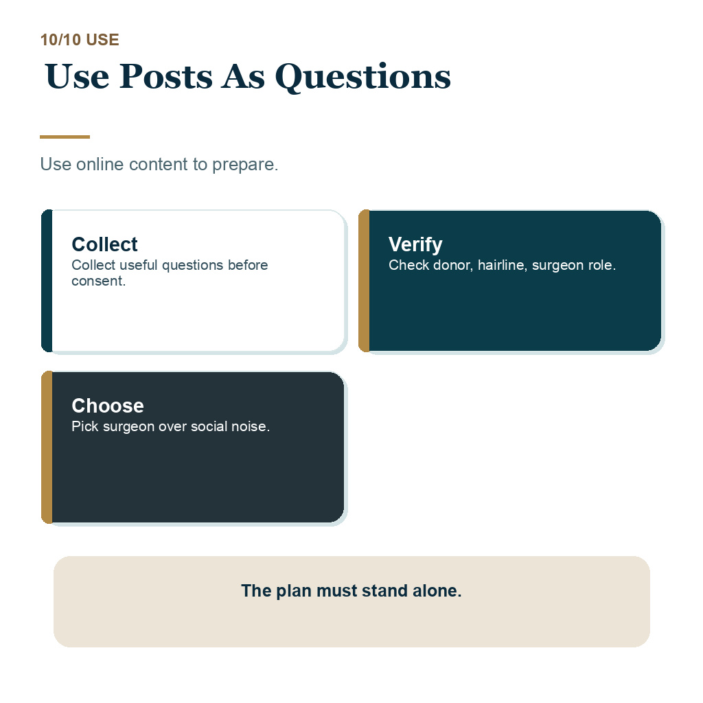 Hair transplant influencers slide 10 explaining use posts as questions.
