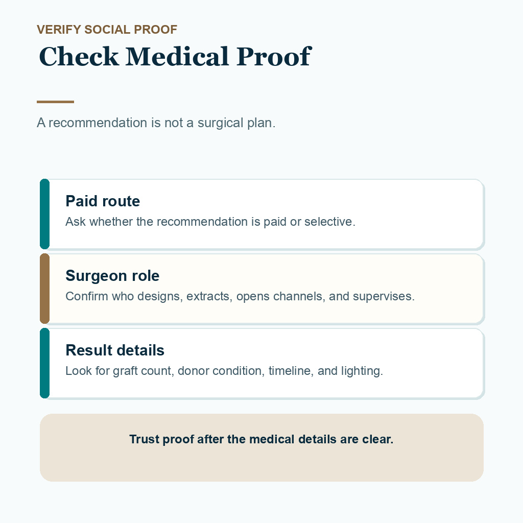 Diamond Hair Clinic support card showing medical proof checks before trusting hair transplant influencer recommendations