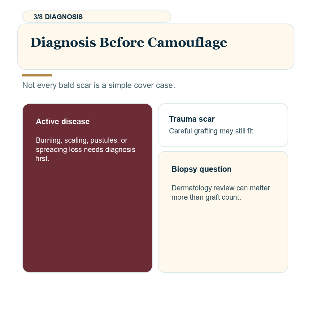 Scar tissue hair transplant slide 3 explaining diagnosis before camouflage.