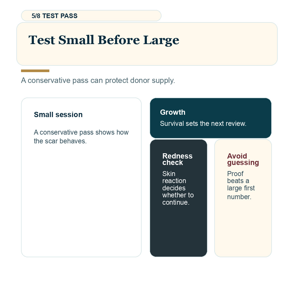 Scar tissue hair transplant slide 5 explaining small test sessions.