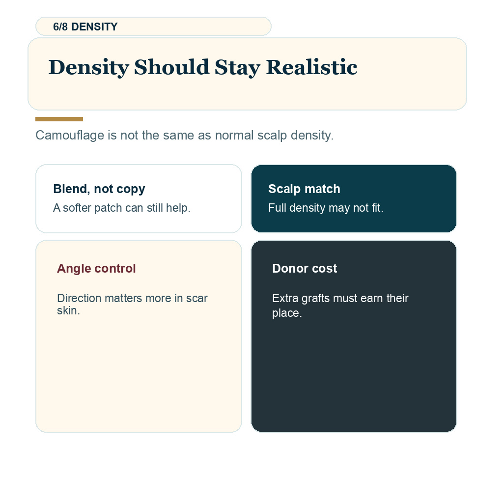 Scar tissue hair transplant slide 6 explaining realistic density in scar tissue.
