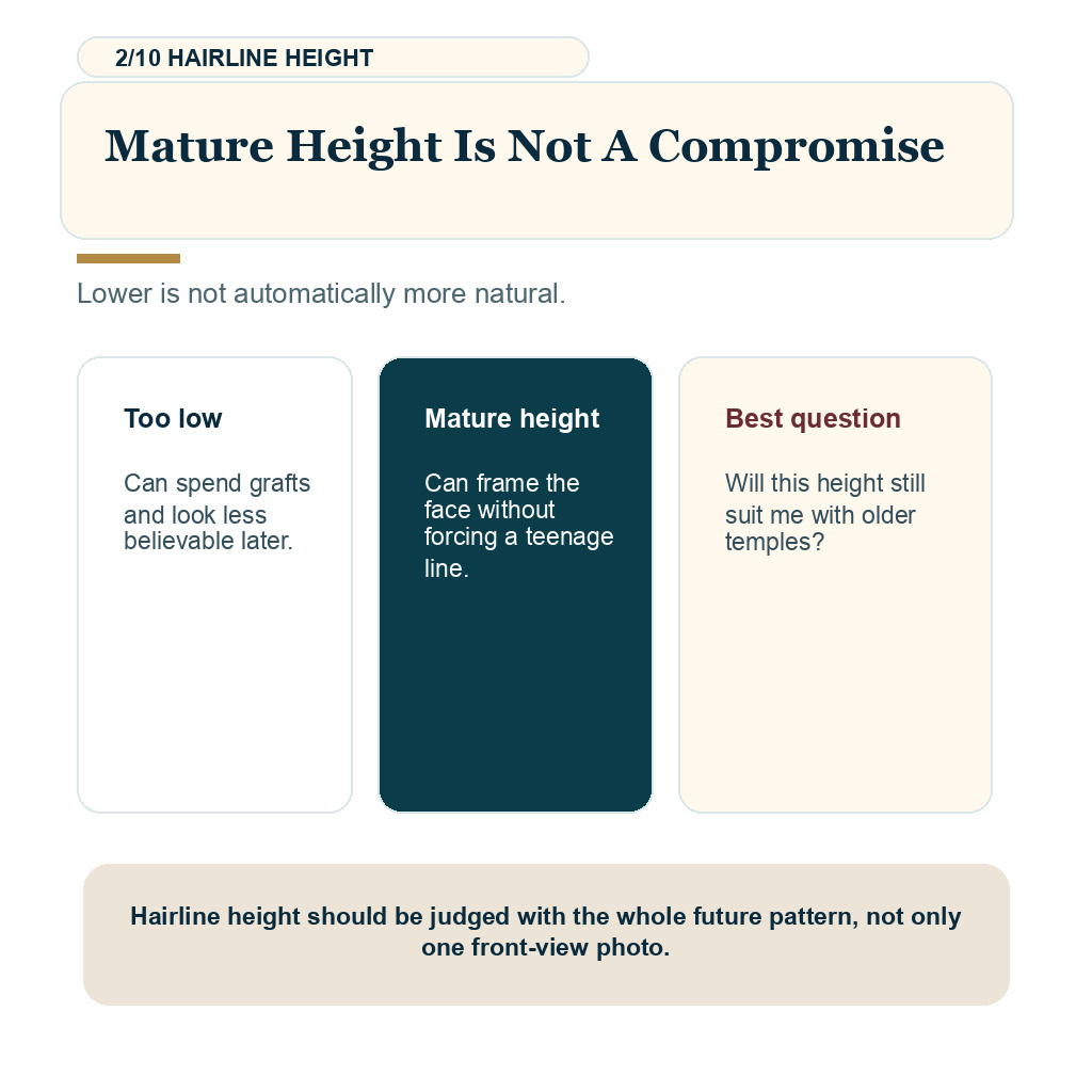 Aging natural hair transplant slide 2 explaining mature hairline height.