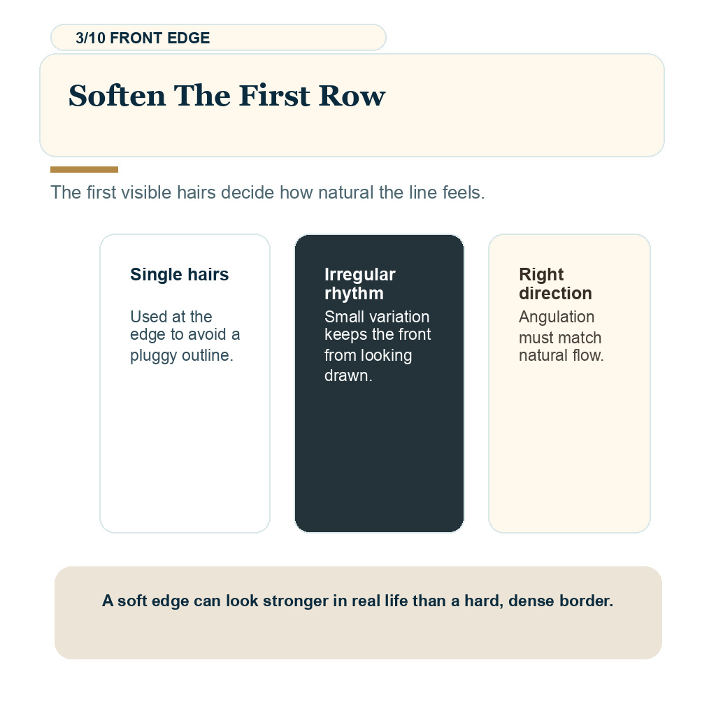Aging natural hair transplant slide 3 explaining first row softness.
