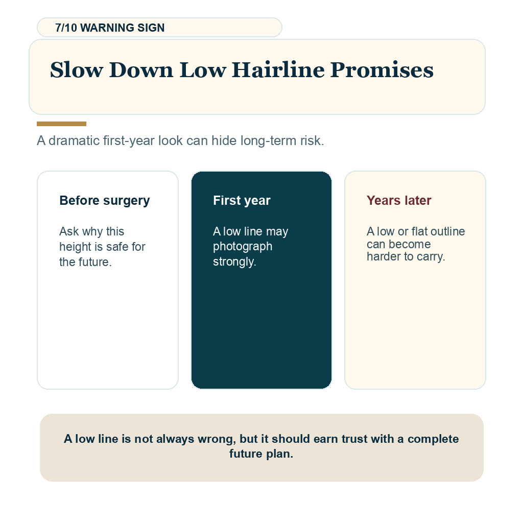 Aging natural hair transplant slide 7 explaining low hairline warning signs.