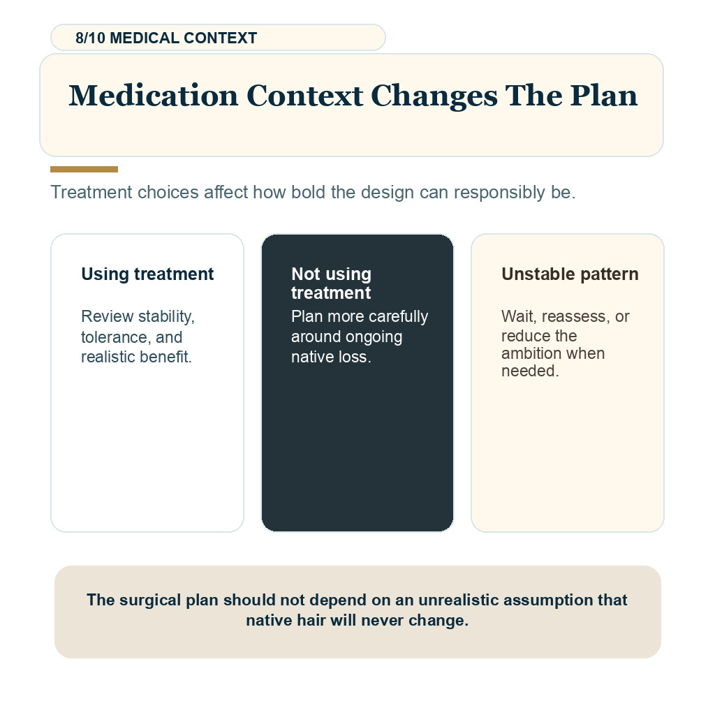 Aging natural hair transplant slide 8 explaining medication context in planning.
