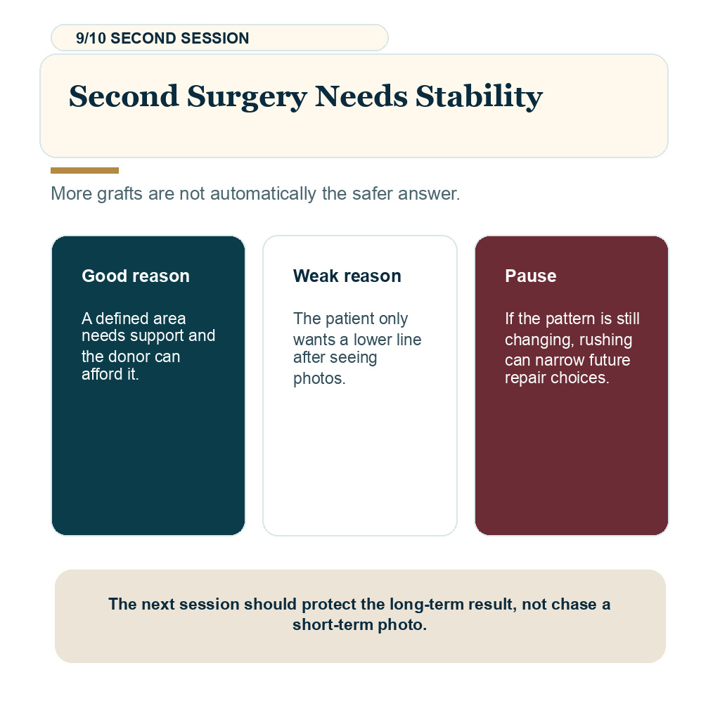 Aging natural hair transplant slide 9 explaining second surgery timing.