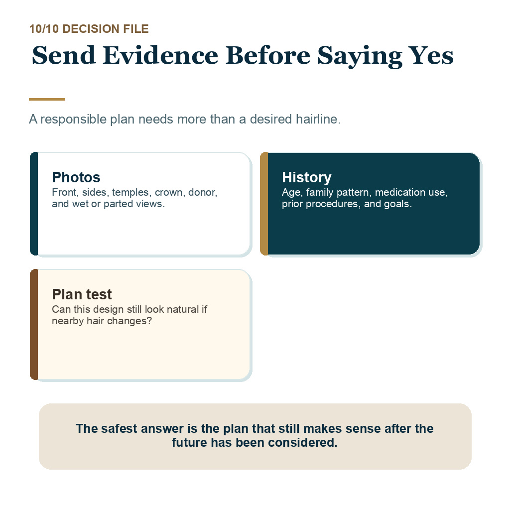 Aging natural hair transplant slide 10 explaining evidence to send before accepting a plan.