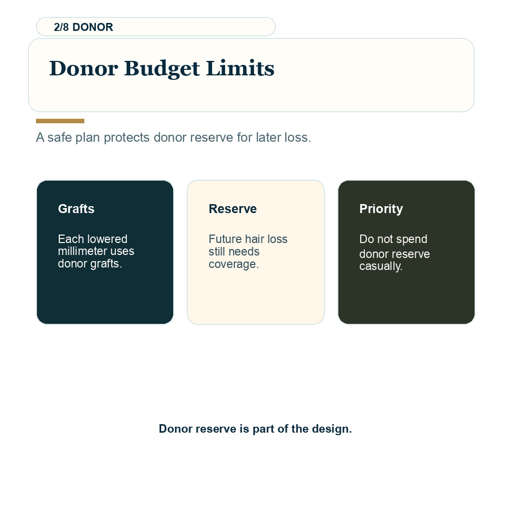 High forehead hair transplant showing donor budget limits guidance.