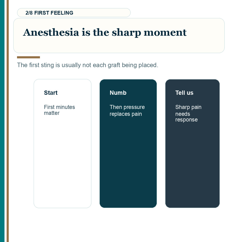 Pain and graft count carousel slide 2 of 8 about local anesthesia being the first sharp moment.