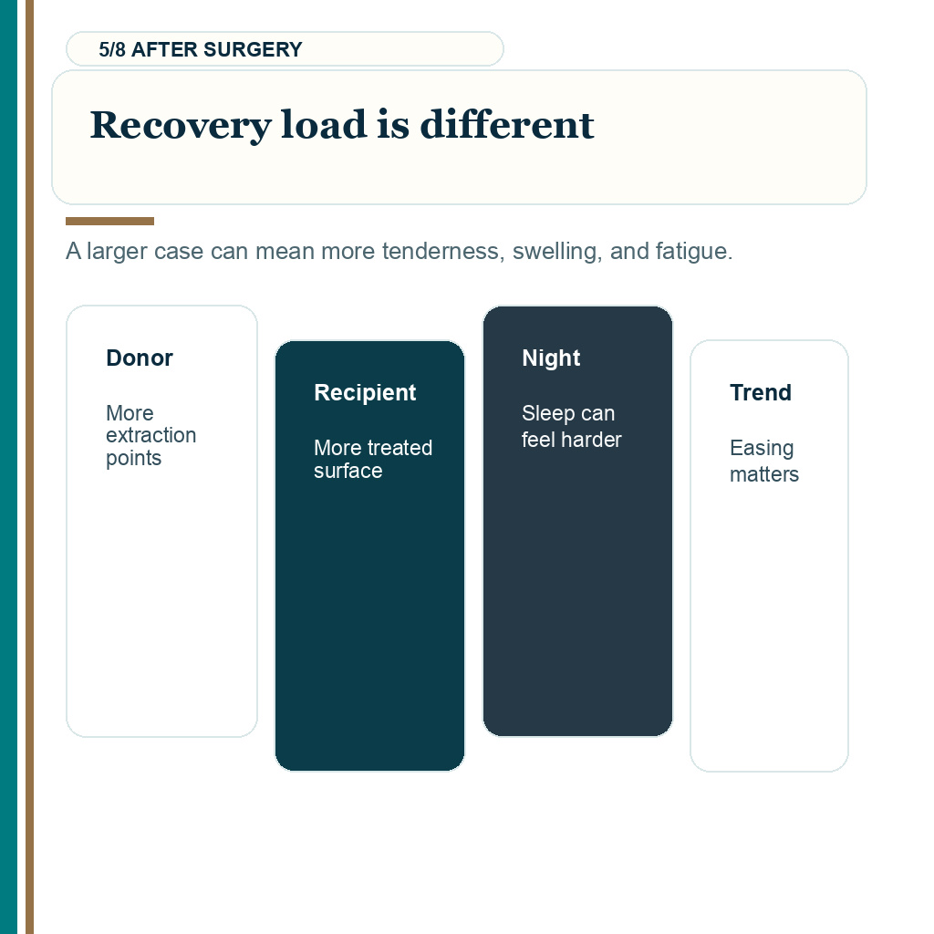 Pain and graft count carousel slide 5 of 8 about larger cases creating a heavier recovery load.