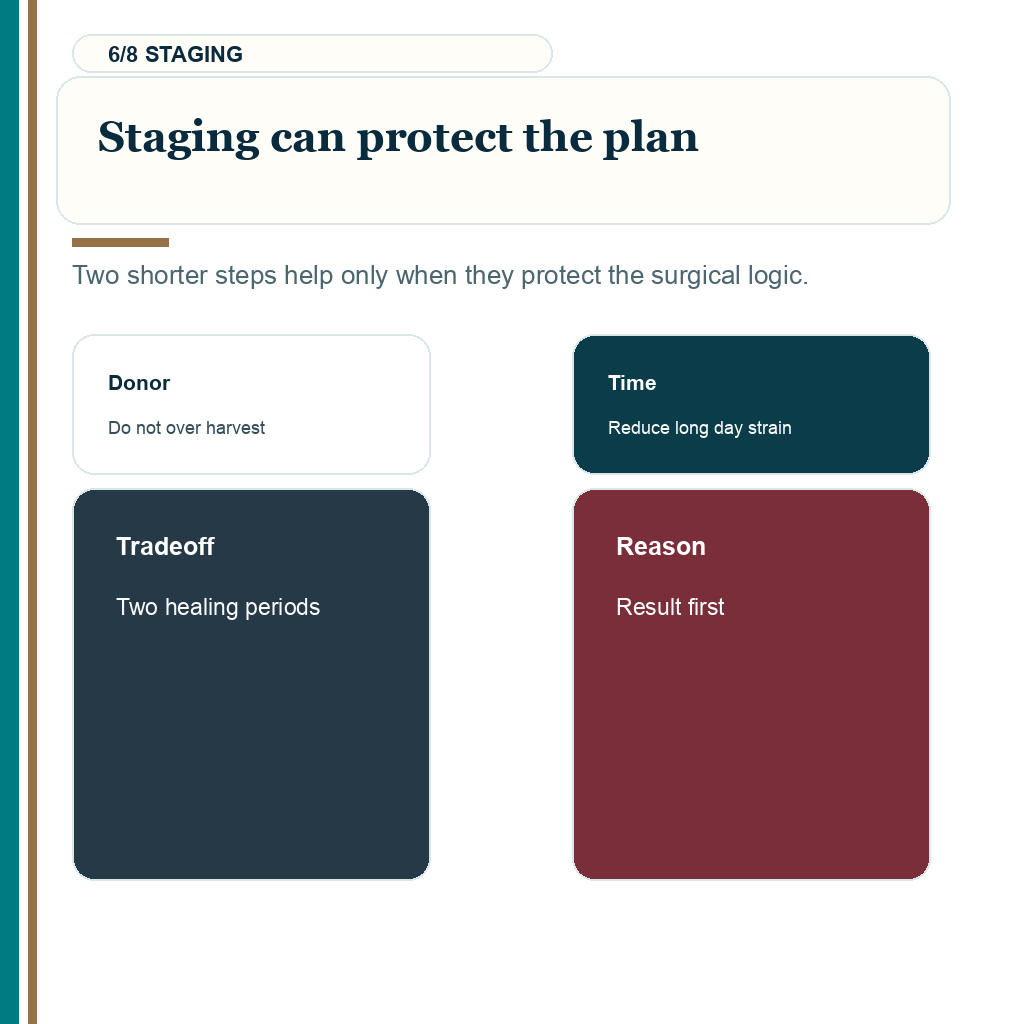 Pain and graft count carousel slide 6 of 8 about staging large work when it protects donor safety.