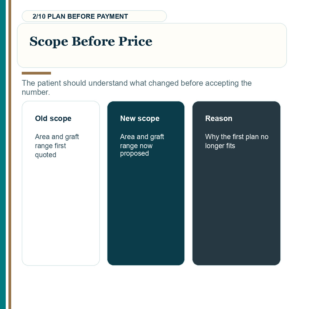 Hair transplant quote change, scope before price.