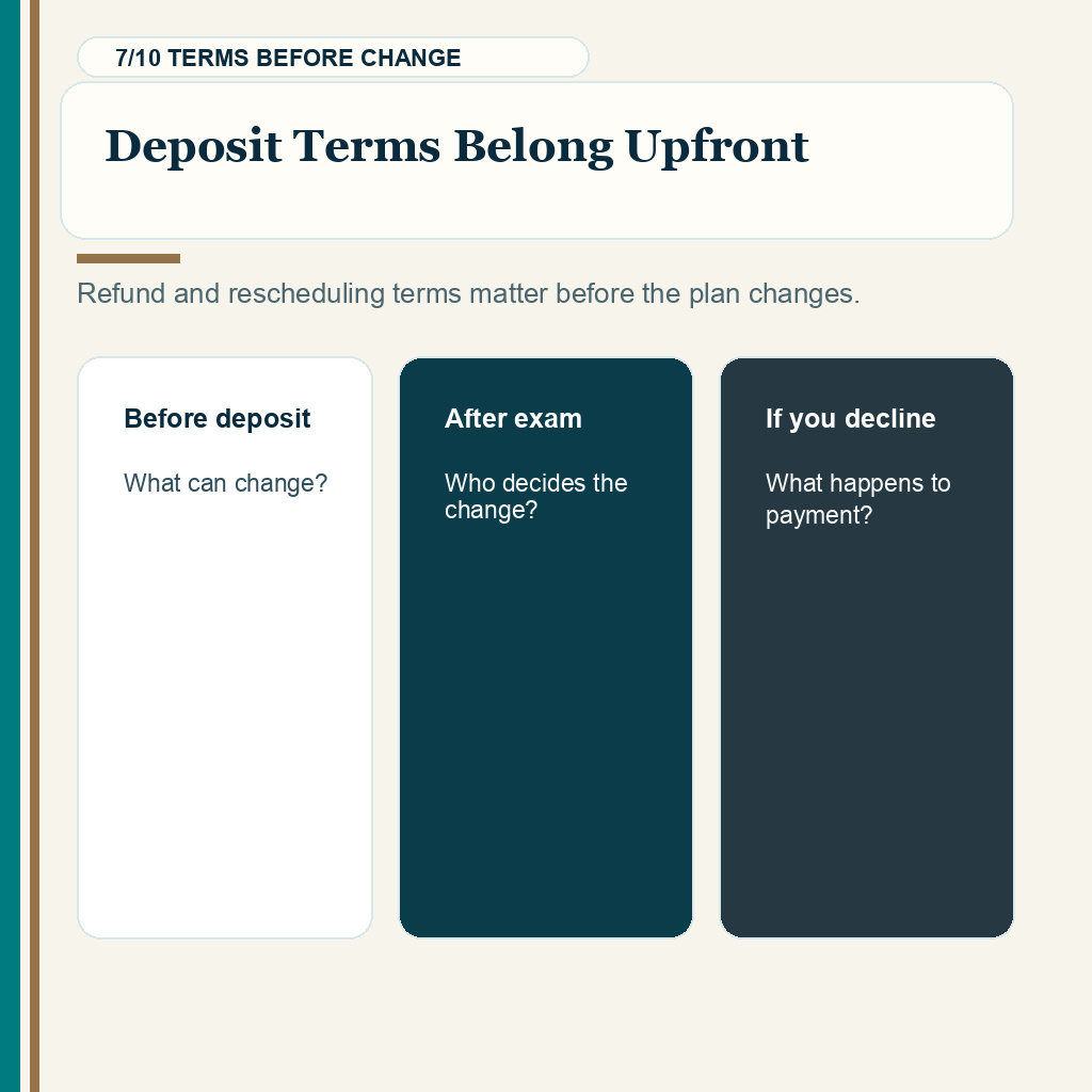 Hair transplant quote change, deposit terms belong upfront.