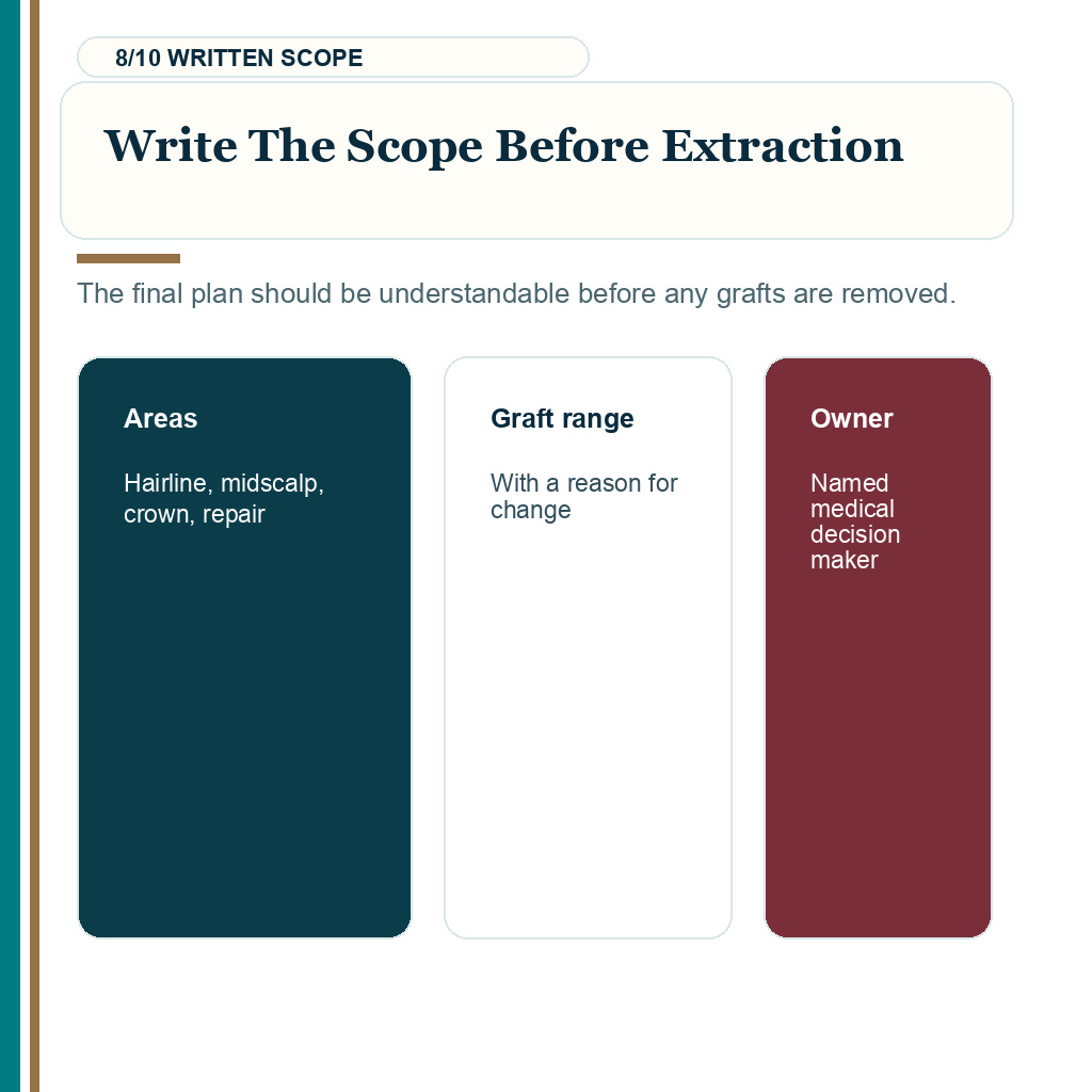 Hair transplant quote change, write the scope before extraction.