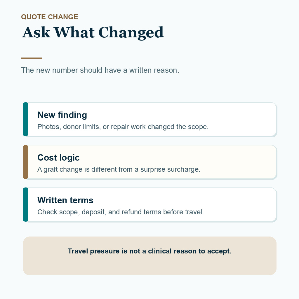 Diamond Hair Clinic support card showing written checks when a hair transplant quote changes