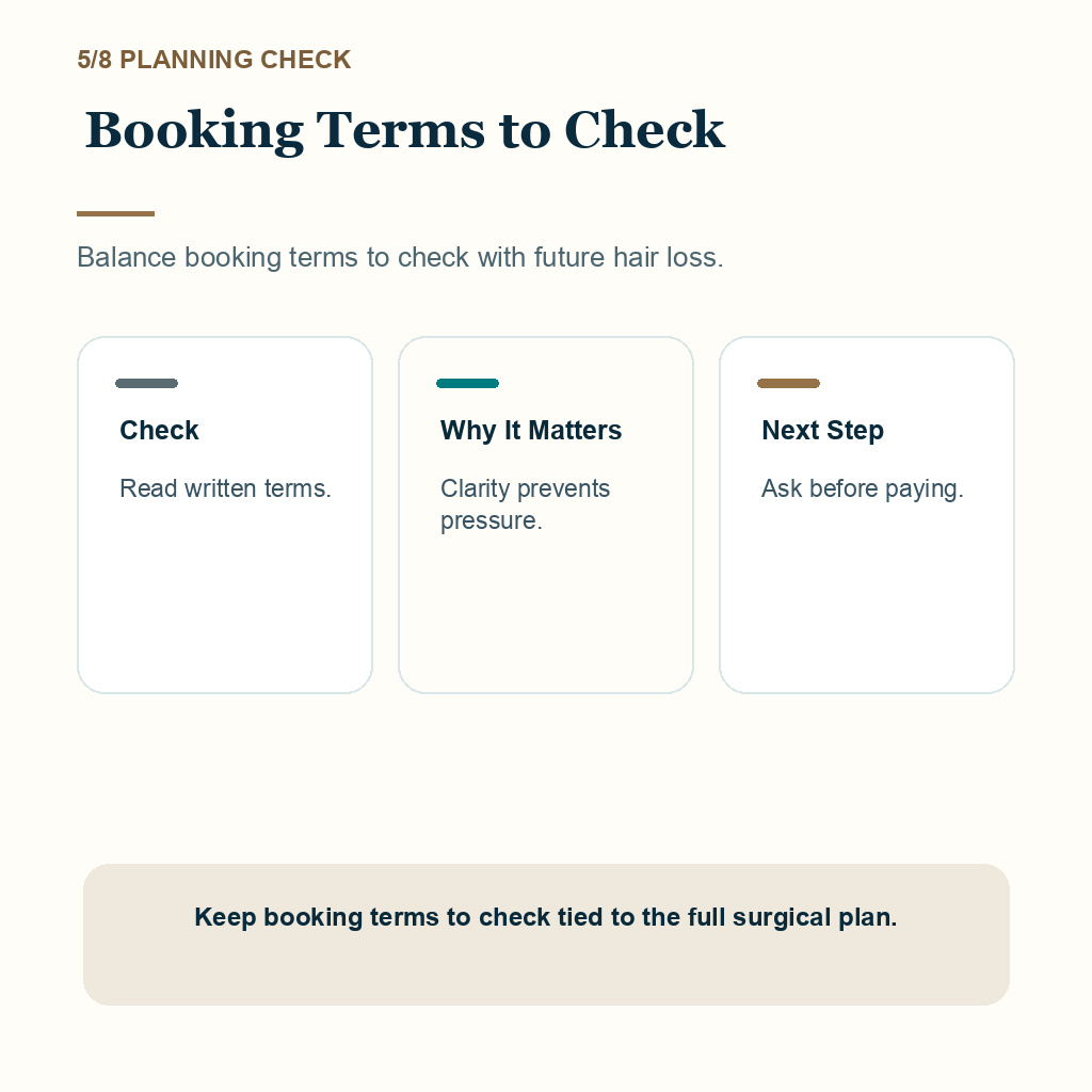 Hair Transplant Refund and Rescheduling Terms in Turkey support slide 5 about booking terms to check