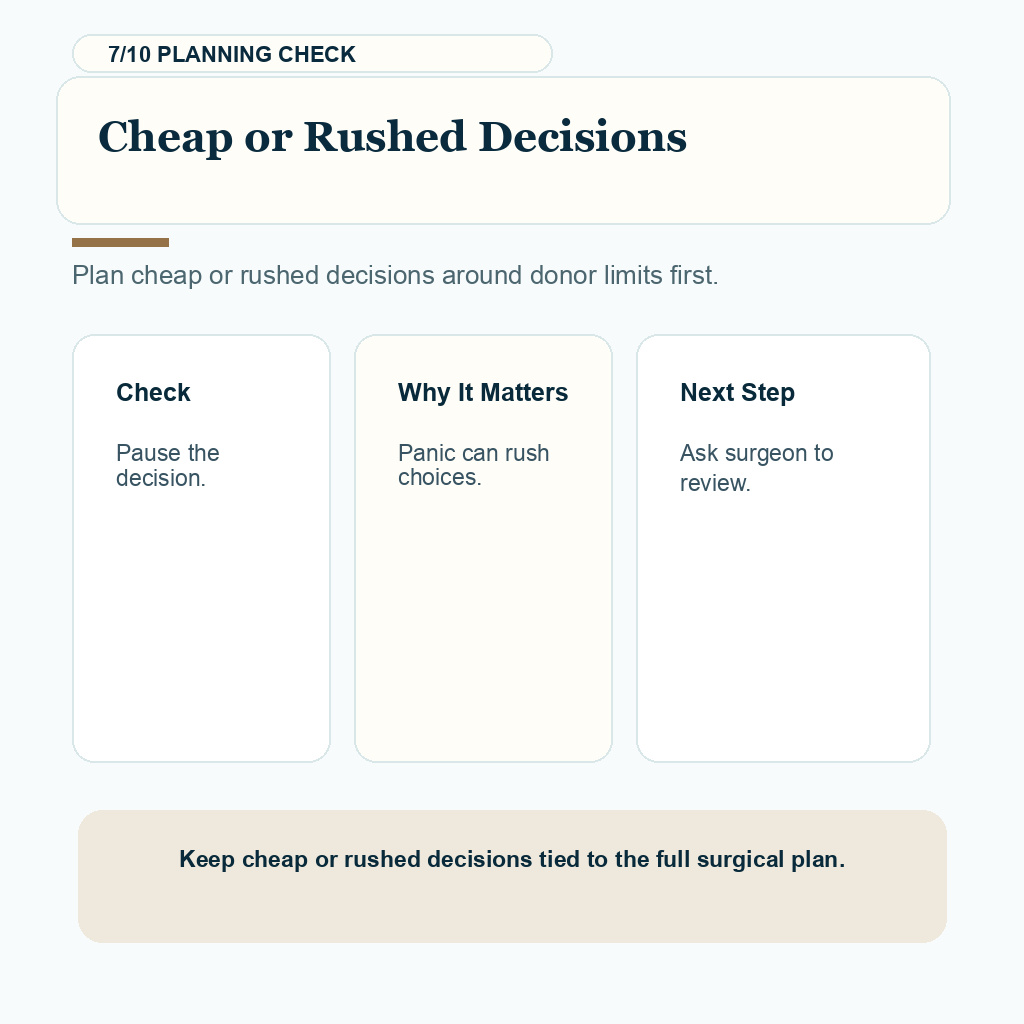 Hair Transplant Regret Needs Calm Review support slide 7 about cheap or rushed decisions