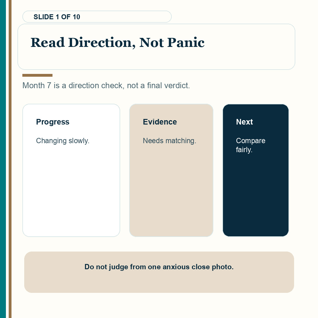 Slide 1 of 10 explaining read direction, not panic when reviewing thin growth at seven months after a hair transplant.