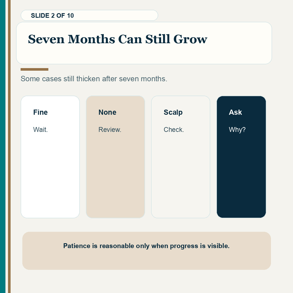 Slide 2 of 10 explaining seven months can still grow when reviewing thin growth at seven months after a hair transplant.