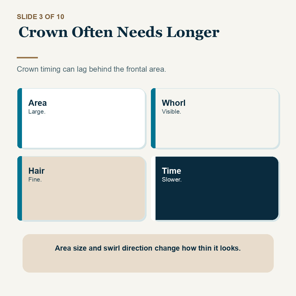 Slide 3 of 10 explaining crown often needs longer when reviewing thin growth at seven months after a hair transplant.