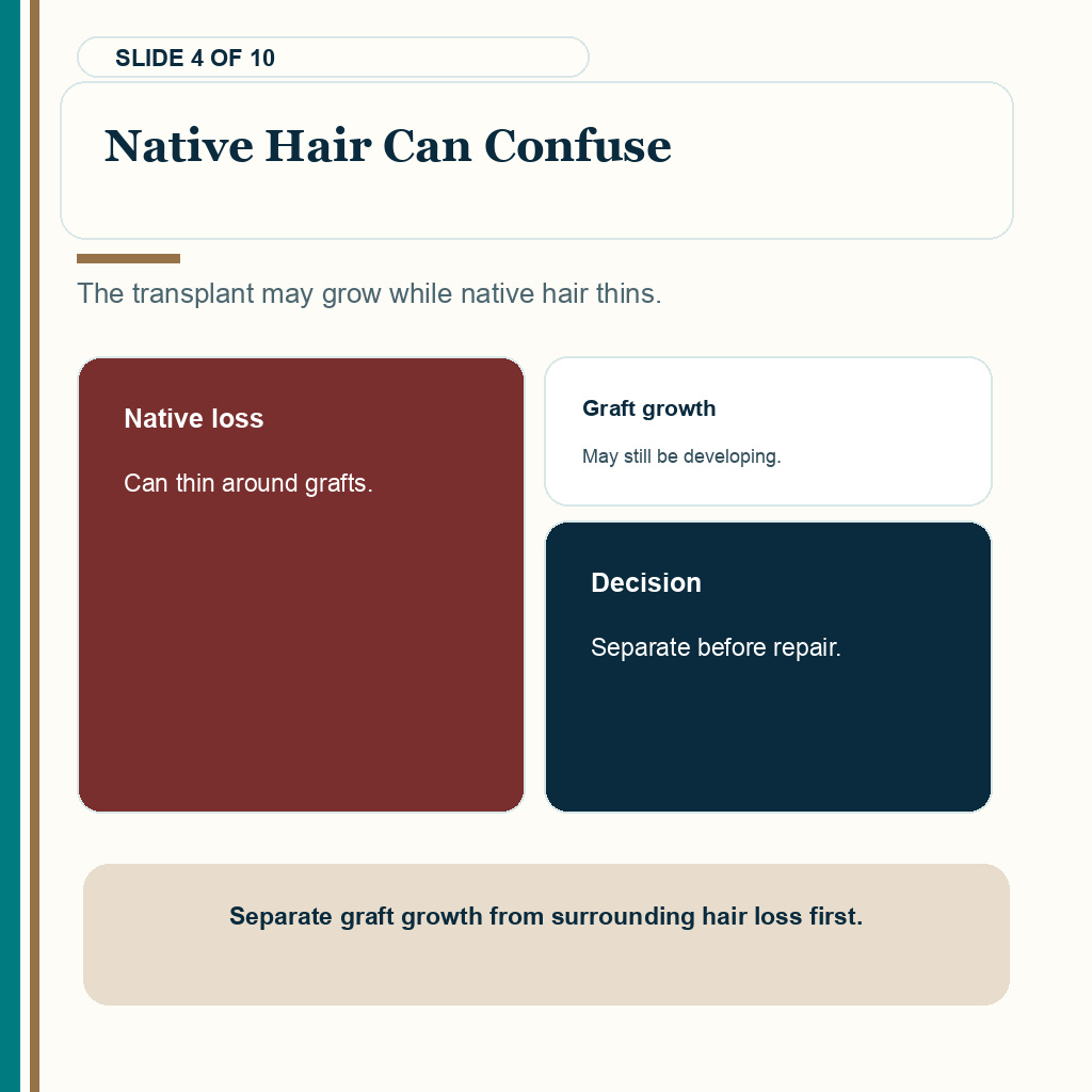 Slide 4 of 10 explaining native hair can confuse when reviewing thin growth at seven months after a hair transplant.