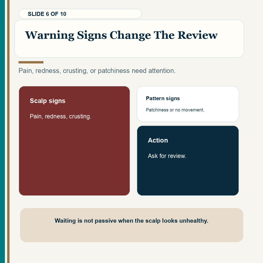 Slide 6 of 10 explaining warning signs change the review when reviewing thin growth at seven months after a hair transplant.