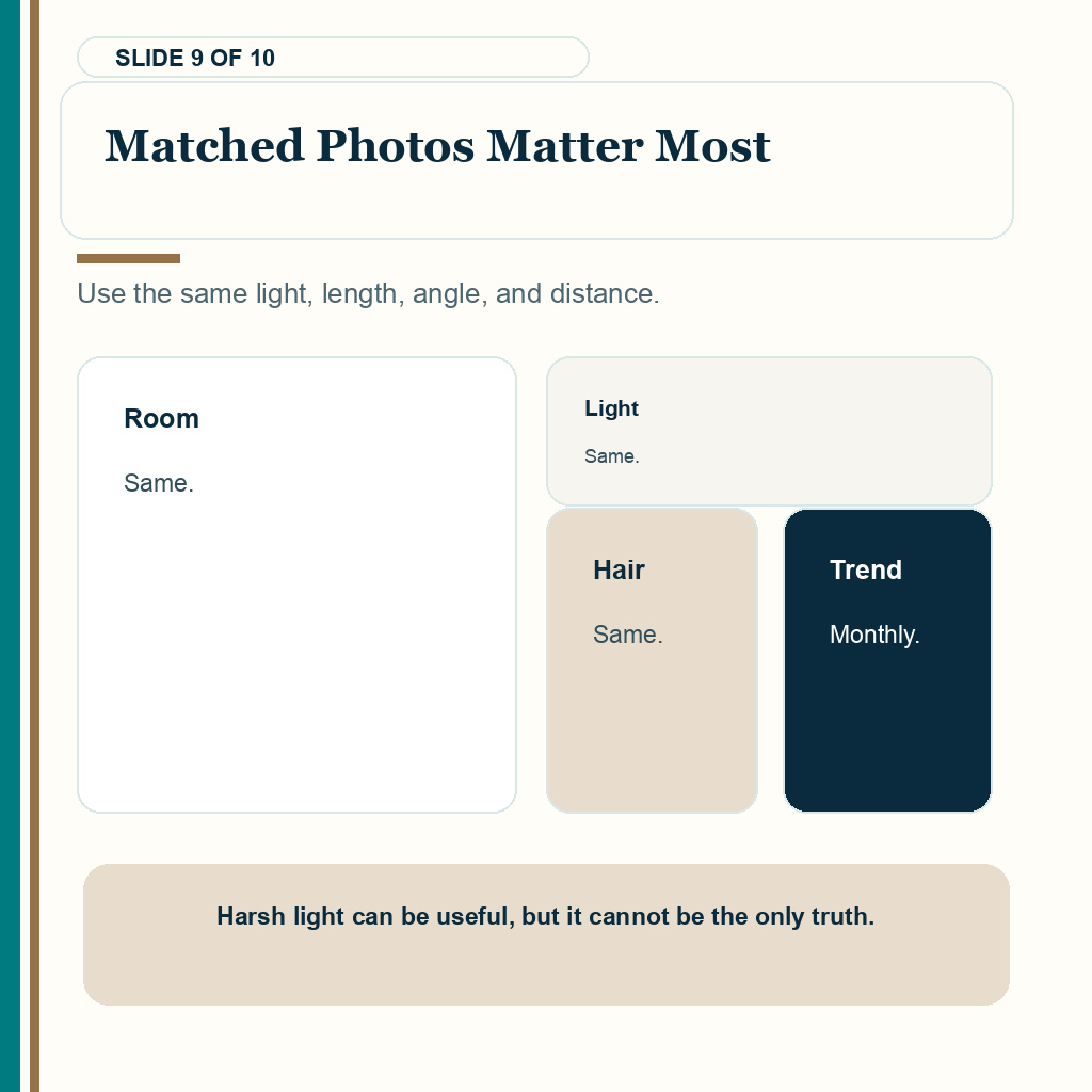 Slide 9 of 10 explaining matched photos matter most when reviewing thin growth at seven months after a hair transplant.