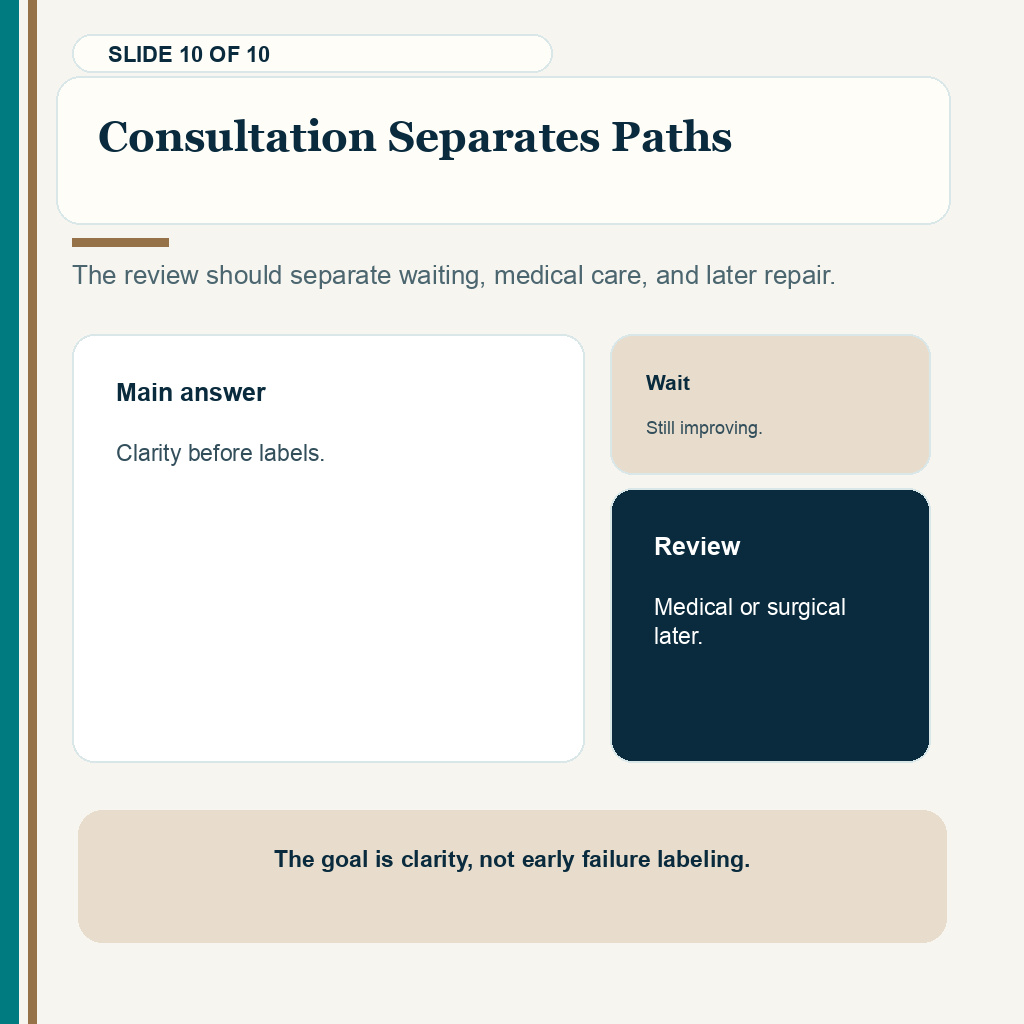 Slide 10 of 10 explaining consultation separates paths when reviewing thin growth at seven months after a hair transplant.