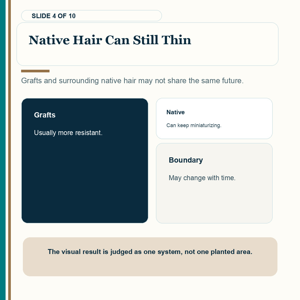 Native hair thinning after transplanted grafts begin growing.