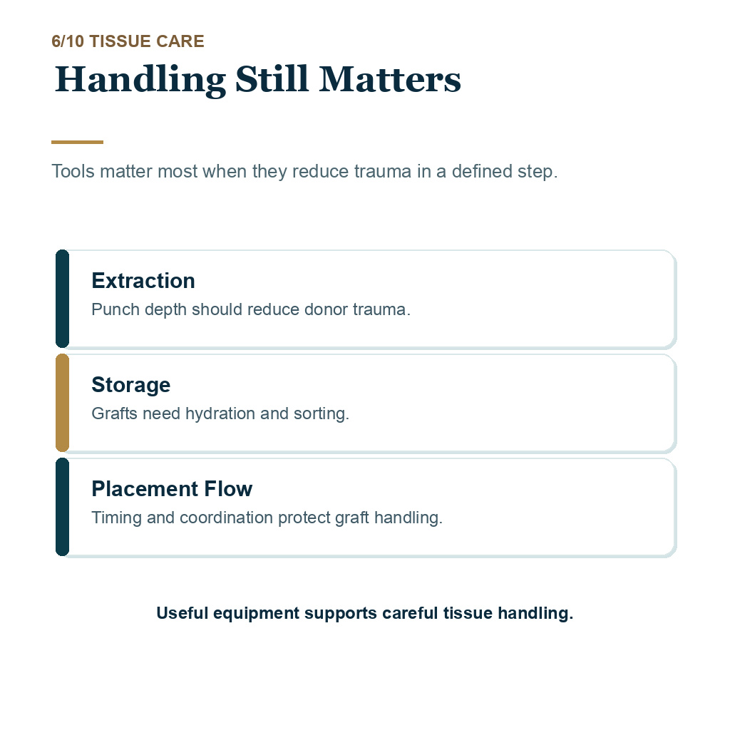 Tool judgment filter slide explaining how instruments can support careful graft handling.