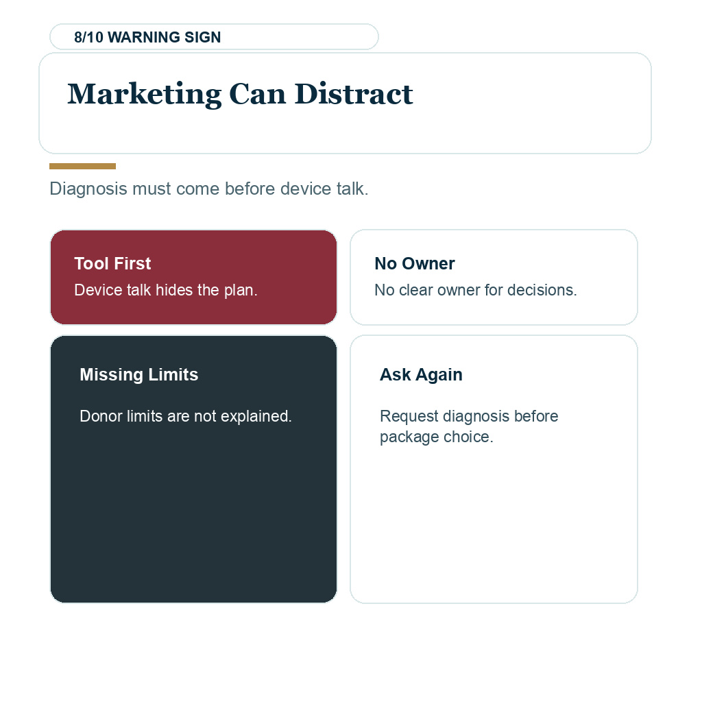 Tool judgment filter slide warning that device marketing should not replace diagnosis.