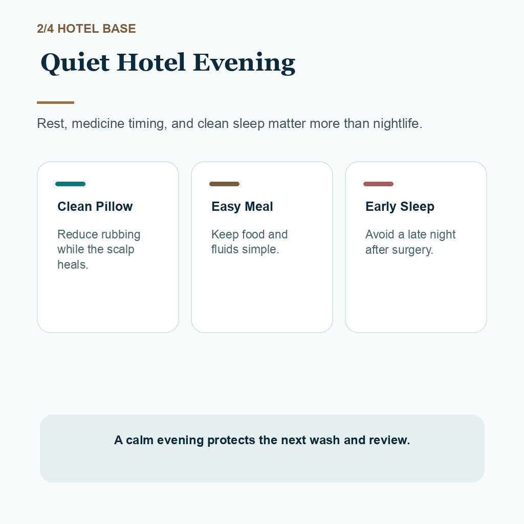 Hair transplant trip recovery carousel slide 2 about a quiet hotel evening after FUE
