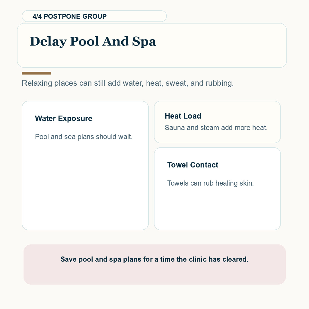 Hair transplant trip recovery carousel slide 4 about delaying pool and spa plans after FUE
