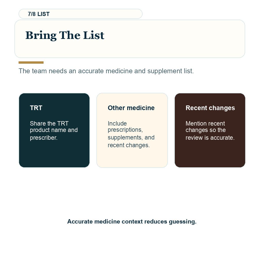 TRT hair transplant planning showing bring the list guidance.