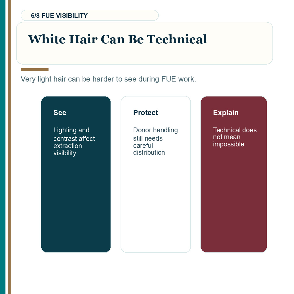 Hair transplant with gray hair, white hair FUE visibility.