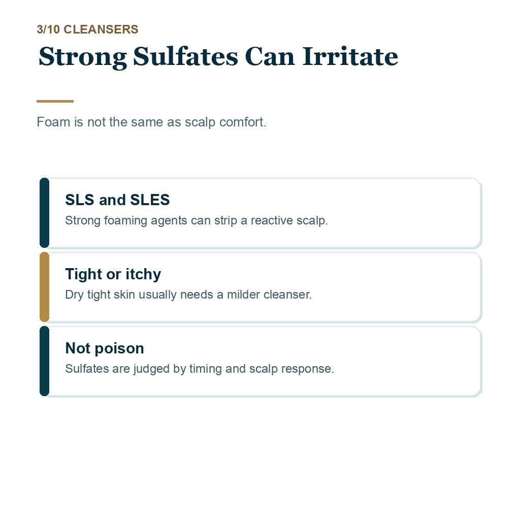 Harmful ingredients in hair products slide 3 explaining strong sulfates can irritate.